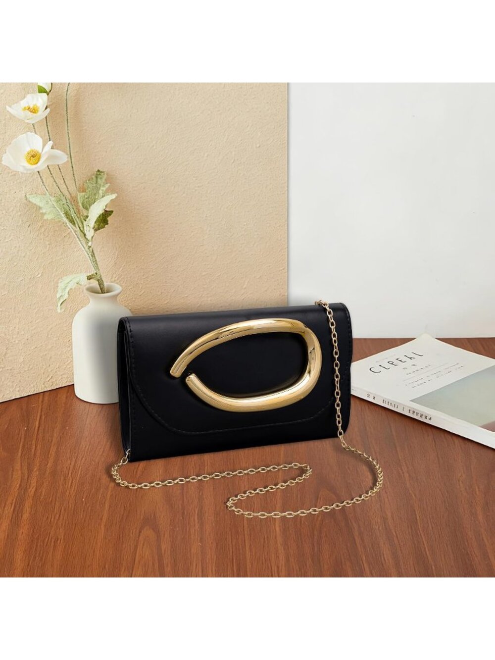 Women's Black Leather Clutch Purse For Gold Handle Evening Wedding Party Bag - Picture 3 of 7